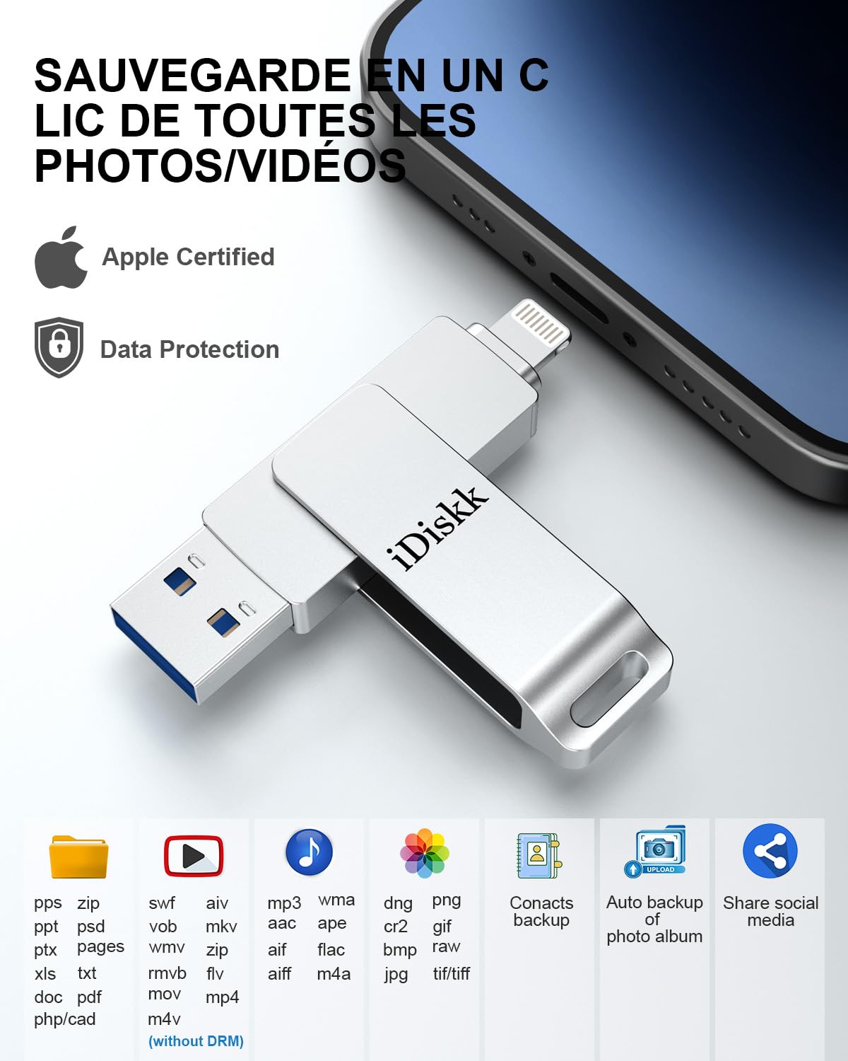 Clé USB iDiskk 128G Lightning pour iPhone, cle USB iphone certifiée MFi pour iPhone, clé USB de Stockage Externe pour iPhone Compatible avec iPad Mac et PC