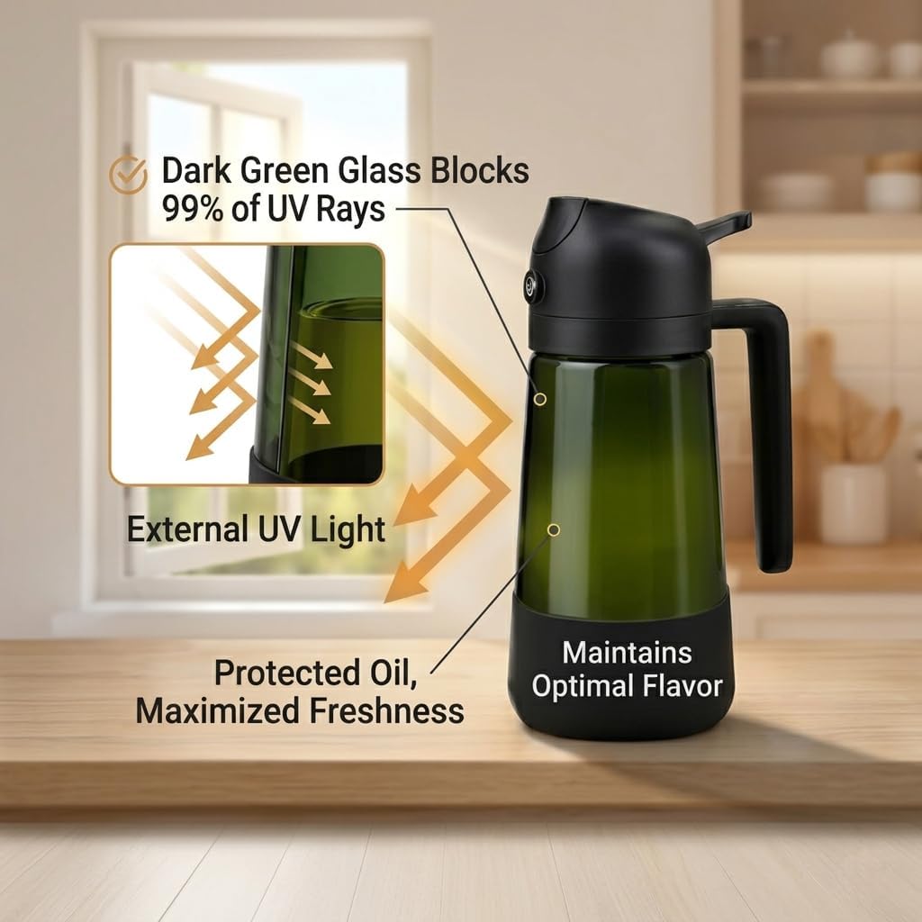 2-in-1 Oil Sprayer Dispenser, 16oz UV-Blocking Glass, Non-Slip