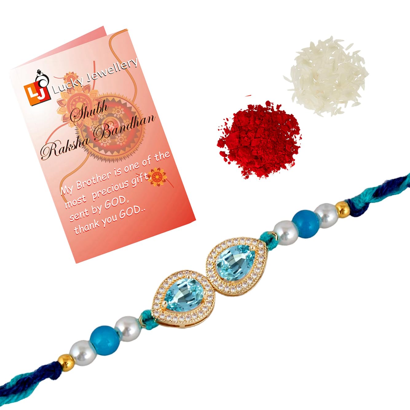 Unisex Adult Designer Turquoise Color Stone Rakhi - Rakshabandhan Pearl Rakhee Bracelet for Brother/Bhaiya/Bhai/Bhabhi - Pack of 1 (176-CHR1-1279-FB-1)-image-49