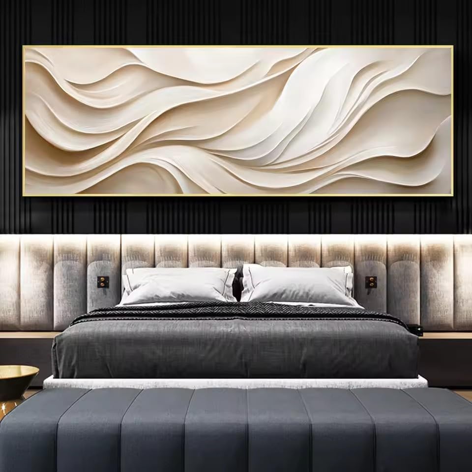 Peinture sur toile vagues 3D beige - Déco murale salon grand format wabi-sabi 80x150