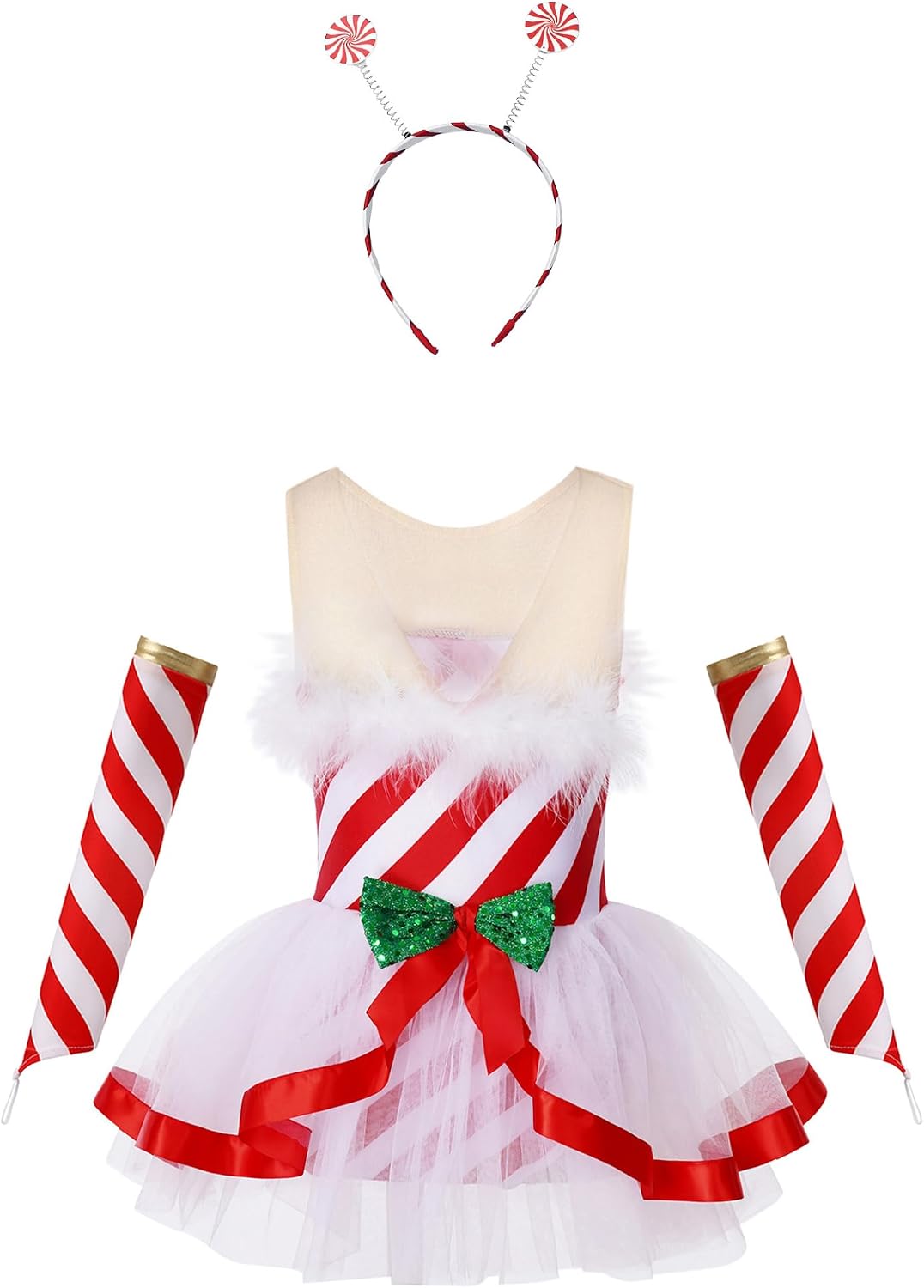 Girls Candy Cane Striped Ballet Dance Dress Christmas Figure Skating Dress with Oversleeves Hair Hoop