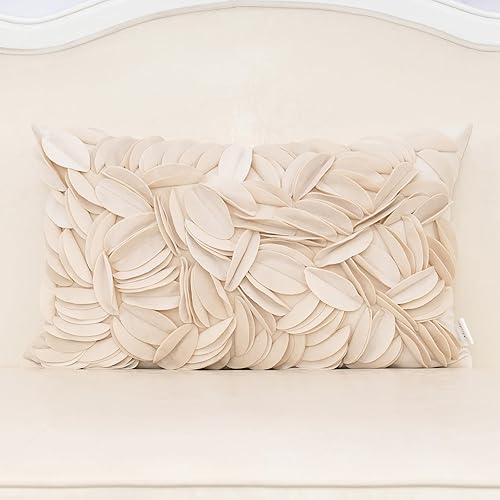 Alerfa Funda de almohada decorativa de terciopelo floral hecha a mano con hojas 3D para sofá, cama, sala de estar, decoración del hogar, 12 x 20