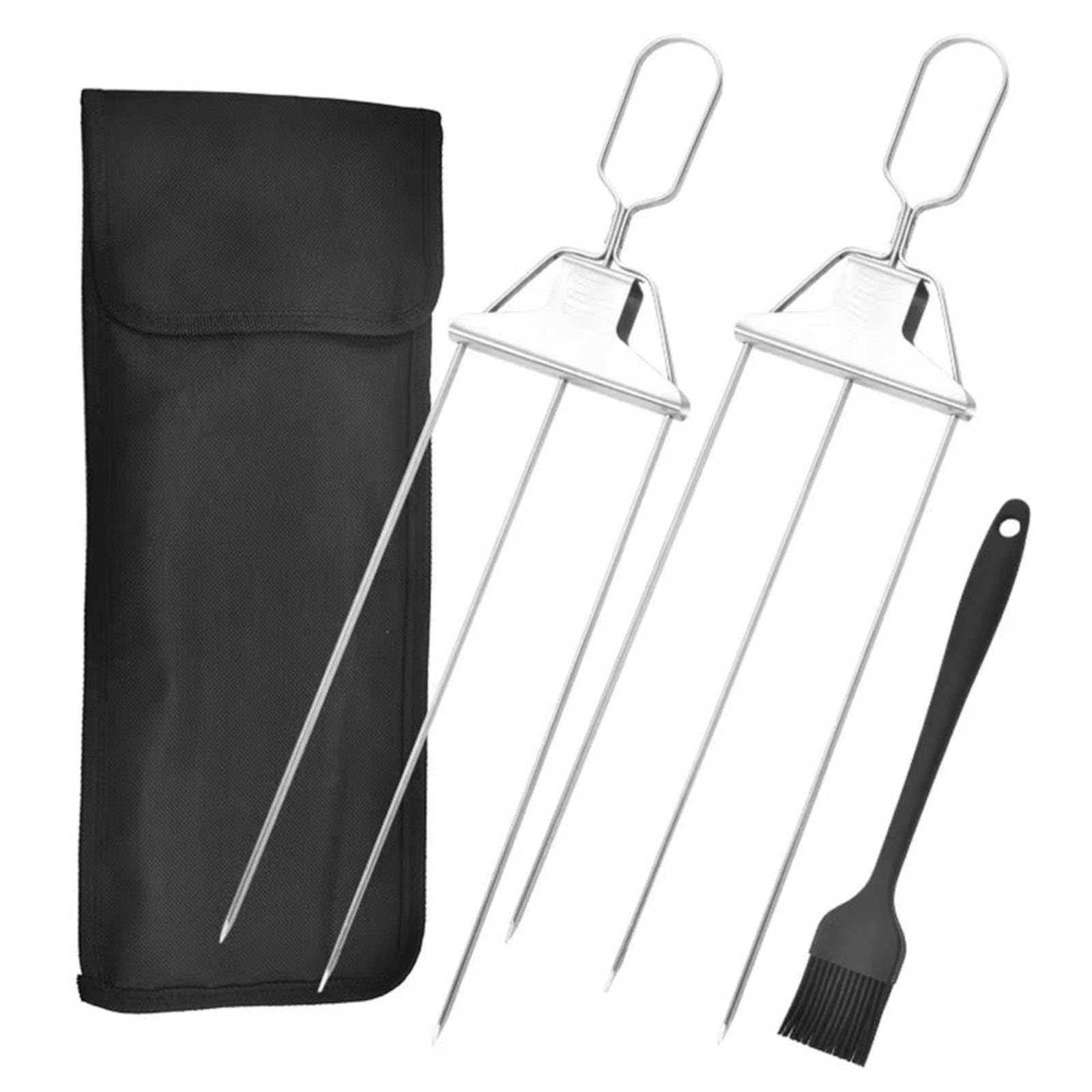 2026 New 3-Prong Grill Skewers, Reusable Stainless Steel Kabob Sticks with Push Slider Bar, Anti-Roll BBQ Skewer for Meat, Sausage, Veggies and Shrimp Grilling (2 Pcs)