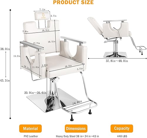 Miniatura 63 de Silla de peluquería resistente, silla reclinable giratoria de 360° para estilista, silla de peluquería hidráulica ajustable en altura con reposapiés