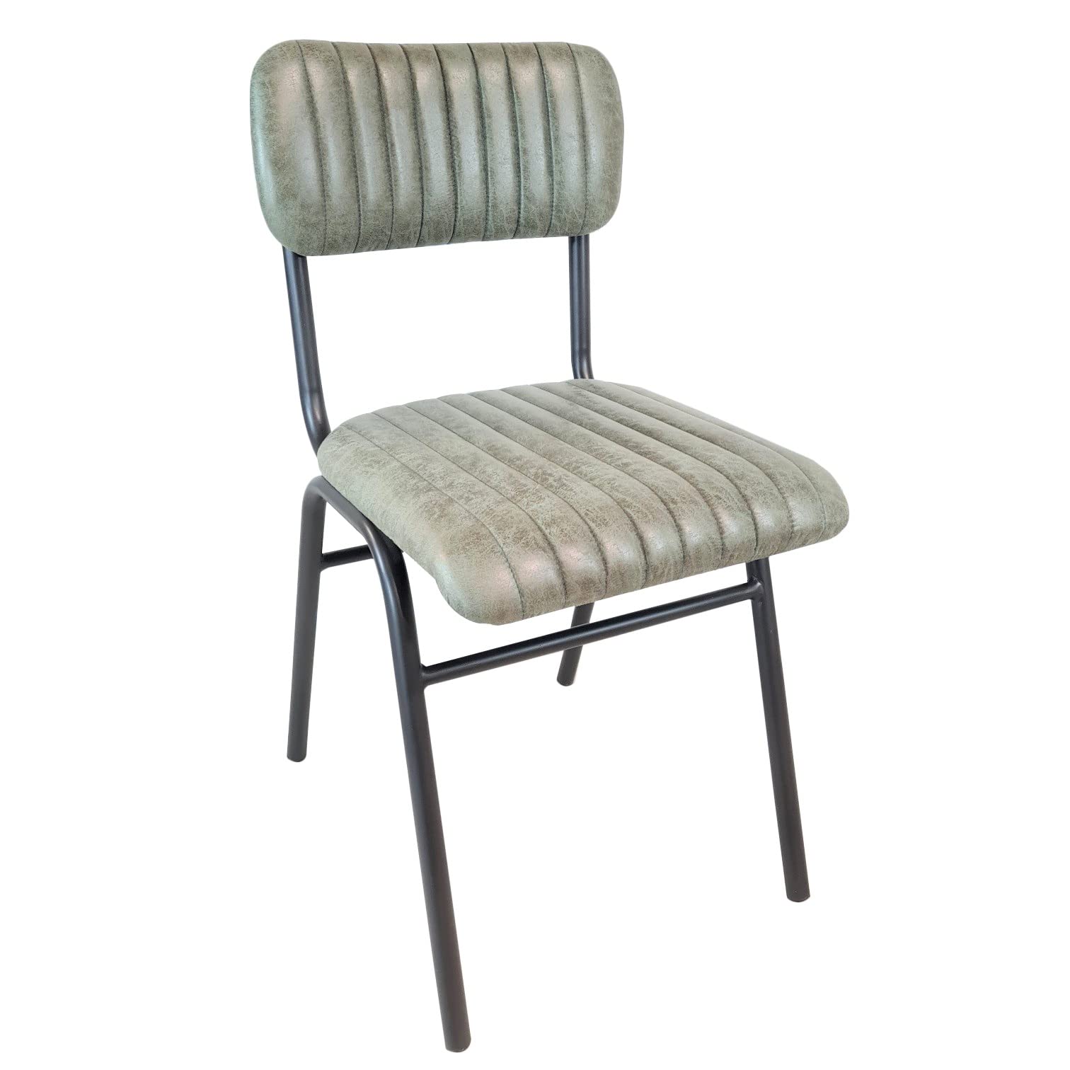 Industrial Vintage Retro Rustic Style Dining Chair, Faux Leather, Home, Restaurant, Coffee Shop, Bar, Hotel, Brown, Grey, Green, Ribbed Seat + Satin Grey Metal Frame (Sage Green)