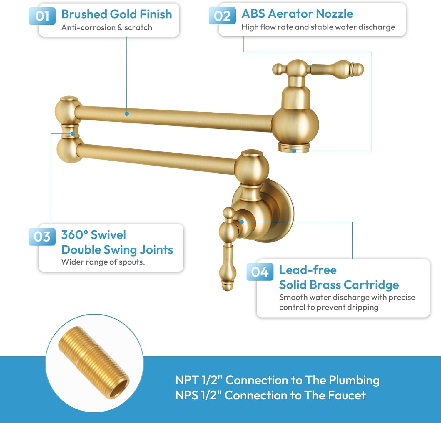 Besdor Gold Pot Filler Faucet, Wall Mount Over Stove Faucet, Commercial Brass Pot Filler Brushed Gold, Double Joint Swing Arms, Single Hole Two Handles Folding Kitchen Faucet - Image 3