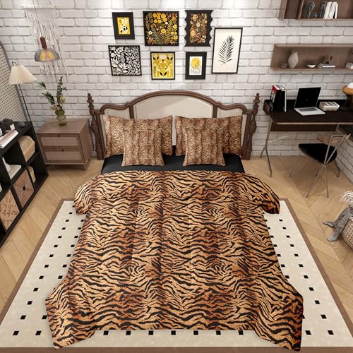 Erosebridal Brown Tiger Print Queen Comforter Set for Women Men Adults - Simulated Animal Fur Printed Wild Tiger Fur Print 7-Piece Bedding Set Tigerish Animal Printed Quilt Duvet Sets