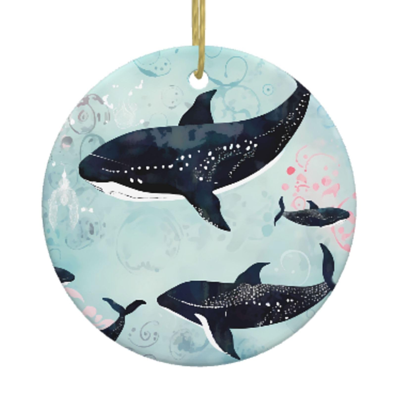 Ceramic Christmas Tree Hanging Ornaments with Gold Ropes Christmas Tree Decorations Round Ceramic Whale Pendant Keepsake Decorations for Holiday Xmas Gift Ideas
