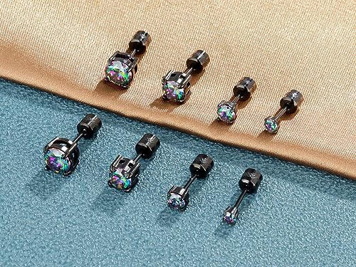 4 Pairs Titanium Hypoallergenic Earrings for Sensitive Ears,Rainbow 5A Cubic Zirconia Screw Back Stud Earrings for Women Men Surgical Stainless Steel Double Side Earrings Piercing Sleeper Studs Jewelry3