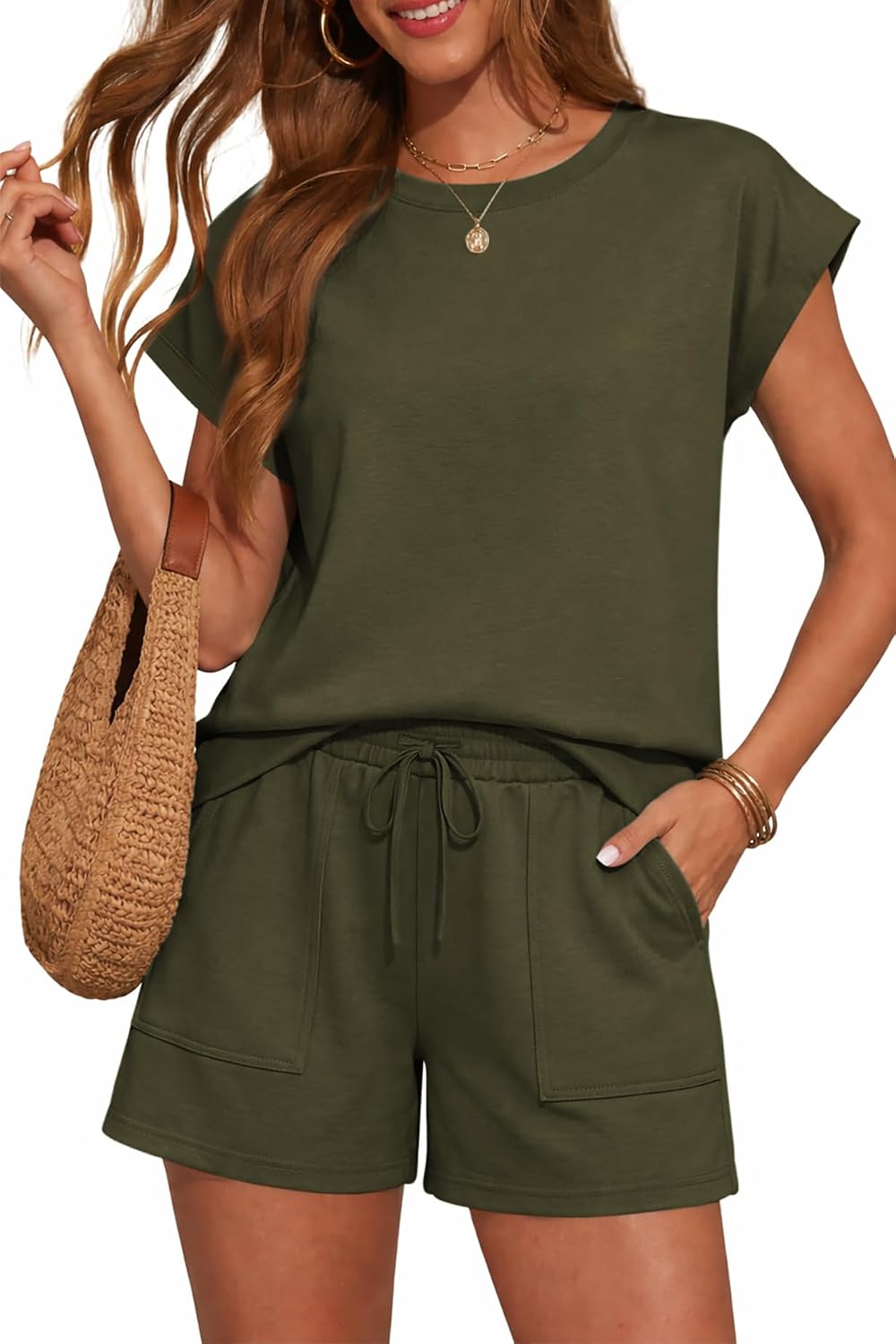 ATHMILE Womens Two Piece Crew Neck Short Sets Cap Sleeve Drawstring Spring Summer Sweatsuit with Pocket Beach Vacation
