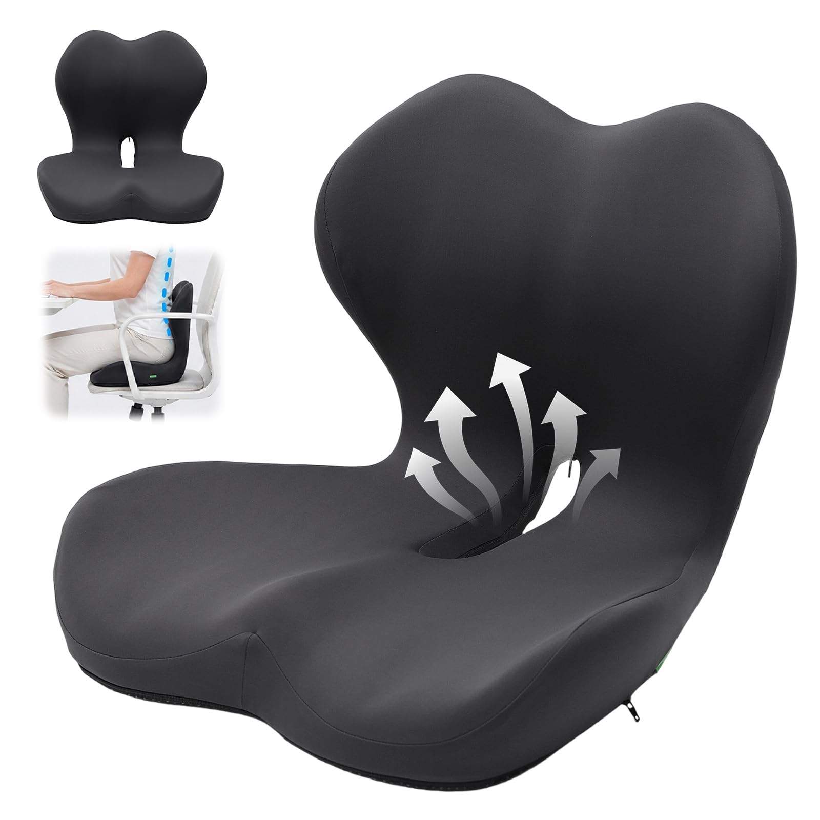 Cuscino ortopedico con schienale, cuscino in memory foam a forma di L | Cuscino per coccige, fondo antiscivolo, per ufficio, auto, gaming e sedie a rotelle, traspirante e rimovibile, grigio scuro