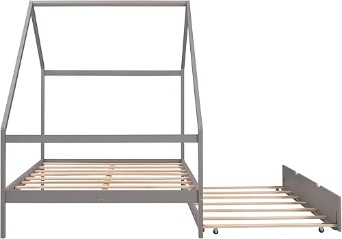 Miniatura 6 de ODC Cama de madera para casa de tamaño matrimonial con cama nido de tamaño individual cama de plataforma con techo se puede decorar marco de cama de