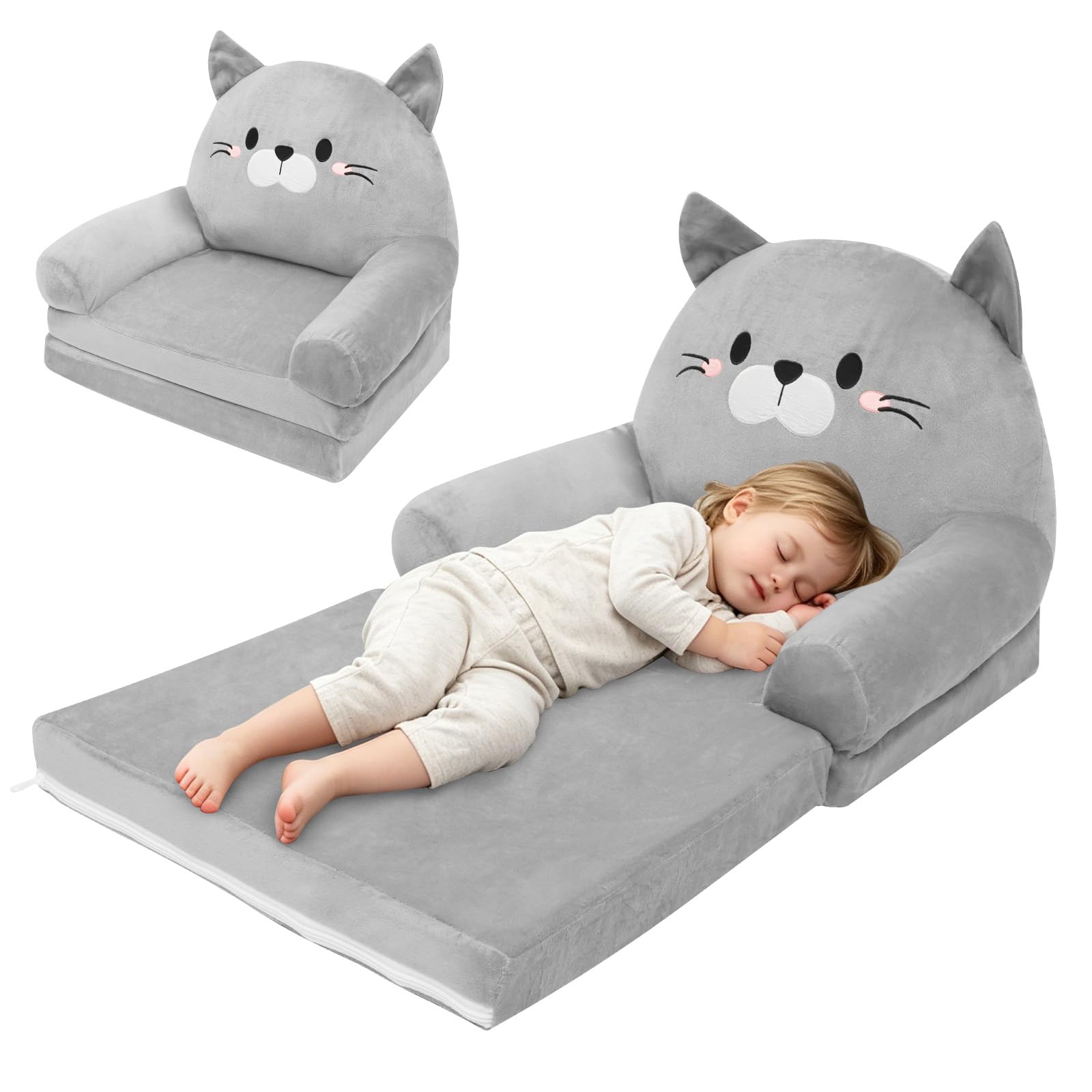 Ghshanog Kids Sofa Bed, 2-in-1 Fold Out Toddler Couch, Modular Toddler Armchair, Convertible Kids Couch with Washable Cover, Foldable Chair Bed for Living Room Bedroom Playroom(Cat-design)