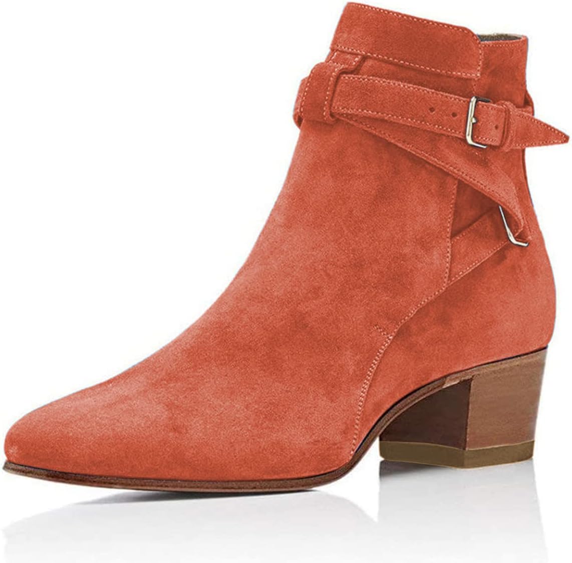 YDN Women Block Low Heel Suede Cowgirl Boots Pull on Ankle Bootie with Buckle