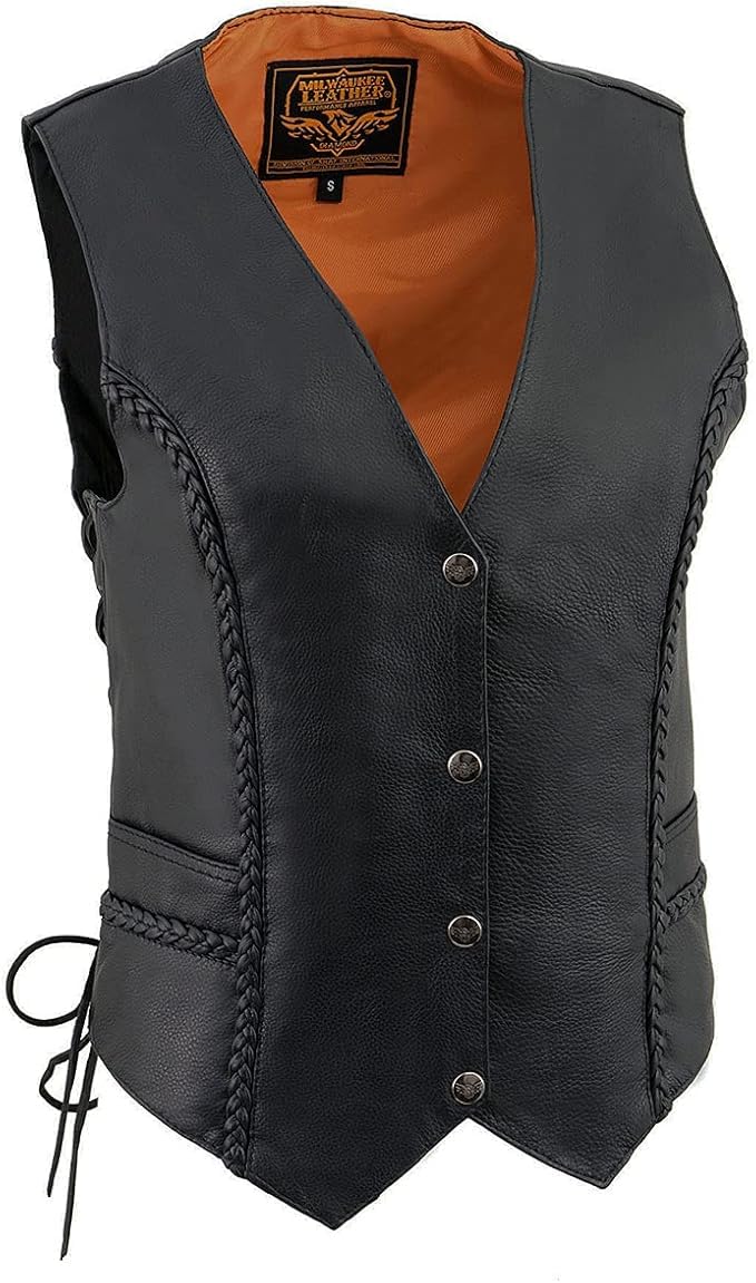 Milwaukee Leather Black Leather Ladies Motorcycle Braided Vest w/Side Laces ML1255 (US, Alpha, Small, Regular, Regular, Black)
