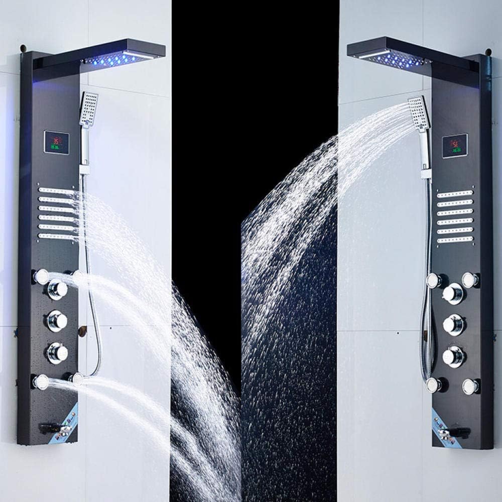 Black LED Shower Panel Rain Waterfall Shower Temperature Screen Massage SPA Jet Three Handles Mixer Tap Sink Faucet Set