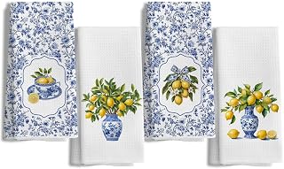 Amalfi Coast Decor Italian Lemon Kitchen Hand Towels Set of 4 | Mediterranean Blue and White Chinoiserie Tile Summer Lemon Dish Tea Hand Towels for Kitchen Bathroom, 16x24 Inch