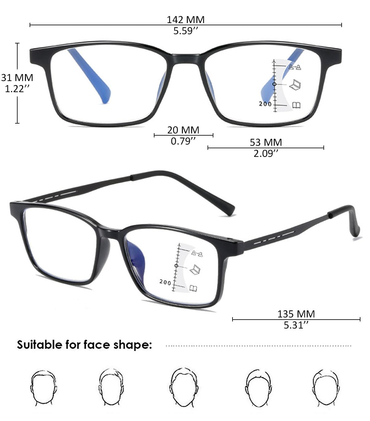 KOOSUFA Gleitsichtbrille Progressive Multifokus Lesebrille Herren Damen Anti-Blaulicht Lesebrillen TR90 Retro Lesehilfe Arbeitsplatzbrille 1,0 1,5 2,0 2,5 3,0 3,5 4,0