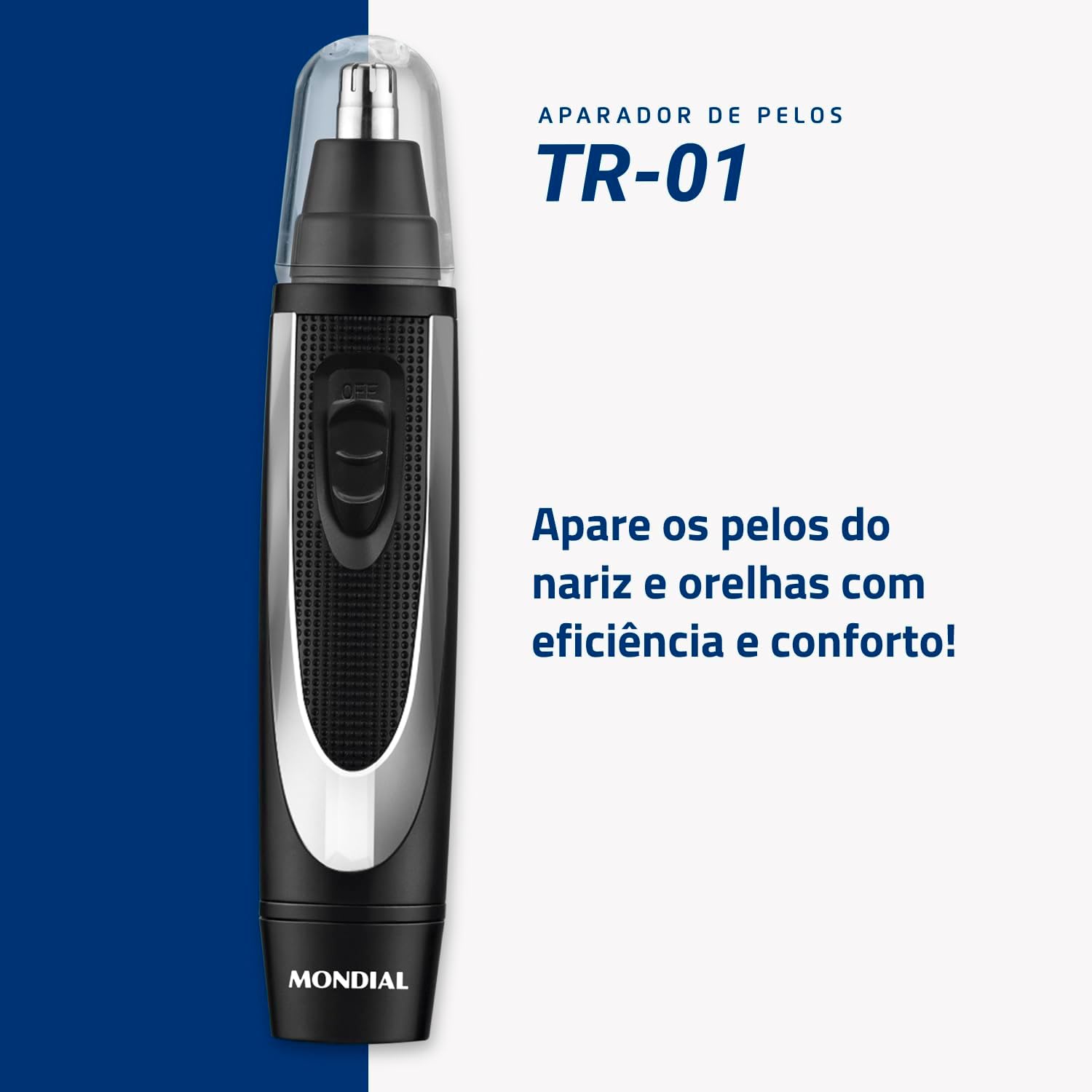 Imagem frontal do produto com fundo dividido azul e branco.