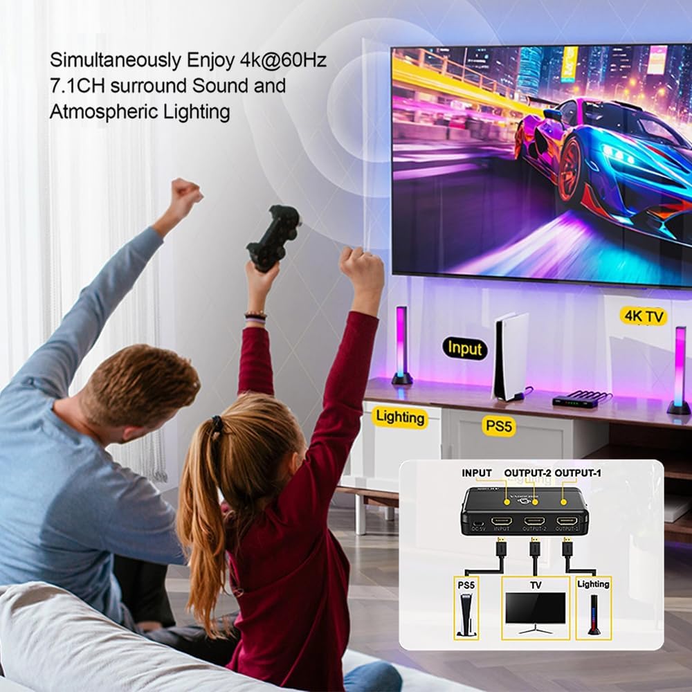 HDMI 4K Splitter 1 in 2 Out with 8K Certified HDMI Cable 6.6 ft - 4K@60Hz, HDCP 2.3, Auto Downscaling, EDID, Duplicate/Mirror Screens, Compatible with TV, Monitors, Blu-ray, Gaming Consoles