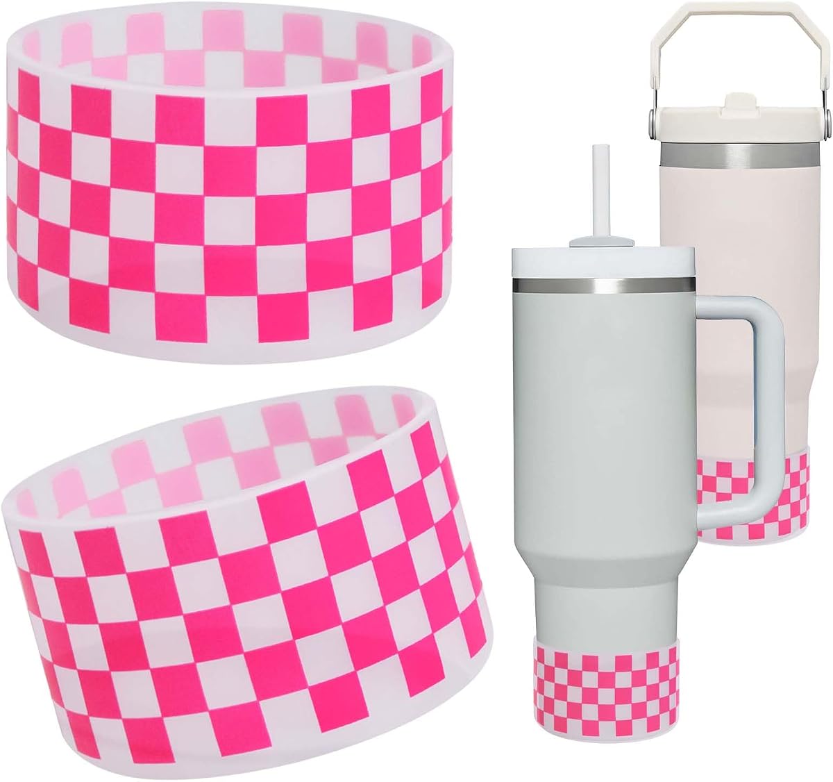 GENLEAS 2 PCS Pink Checkered Pattern Protective Silicone Boot Cover 12oz-40oz for Stanley 40 oz Tumbler, Hydro Flask, Owala, Yeti, Simple Modern, Iron Flask Tumbler Protective Bottom Accessories