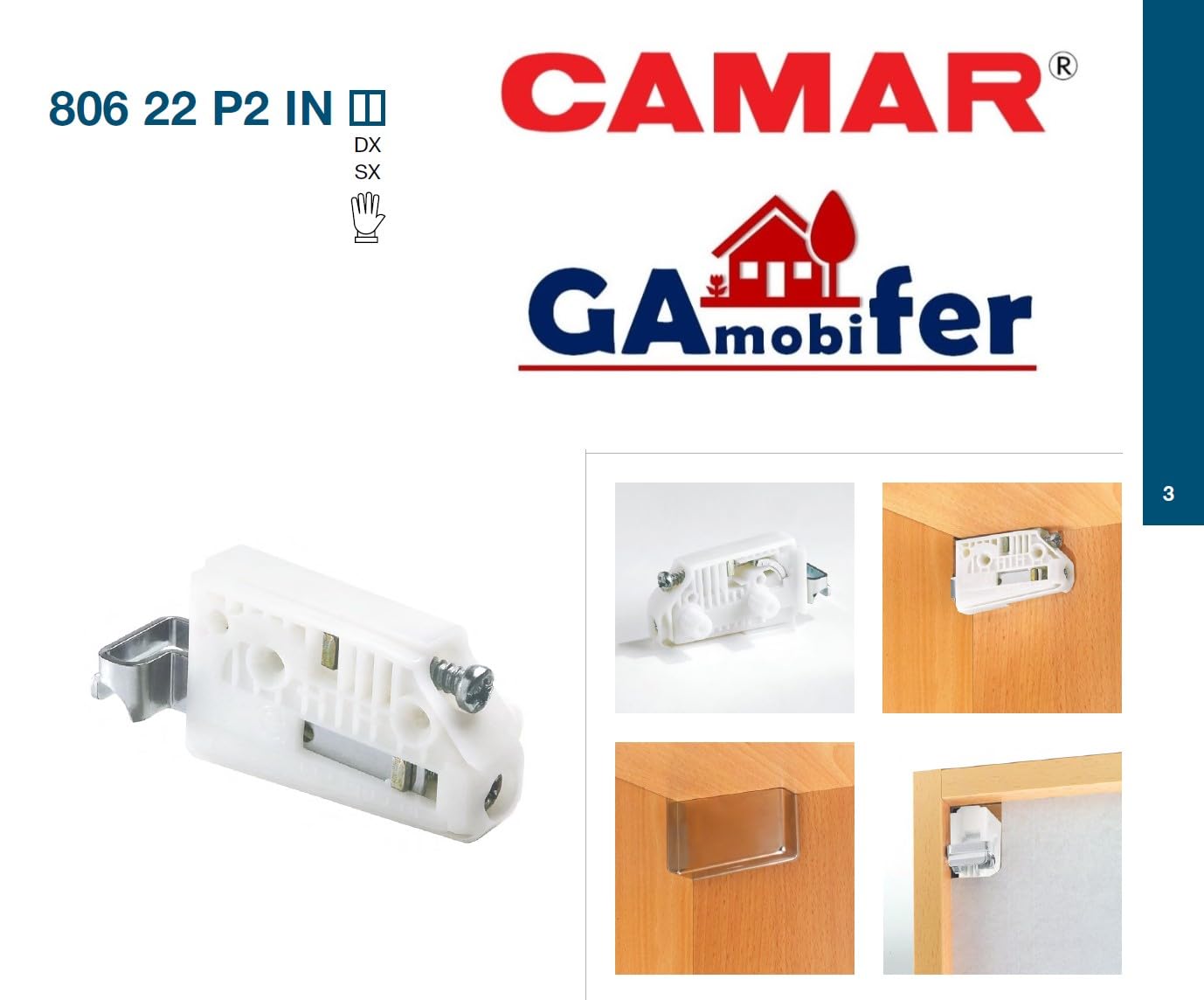 GAMOBIFER. Reggipensile CAMAR per Pensili Cucina. Ganci Mobili Sospesi (coppia DX e SX). (Bianco, Gancio 15 con Tenone)