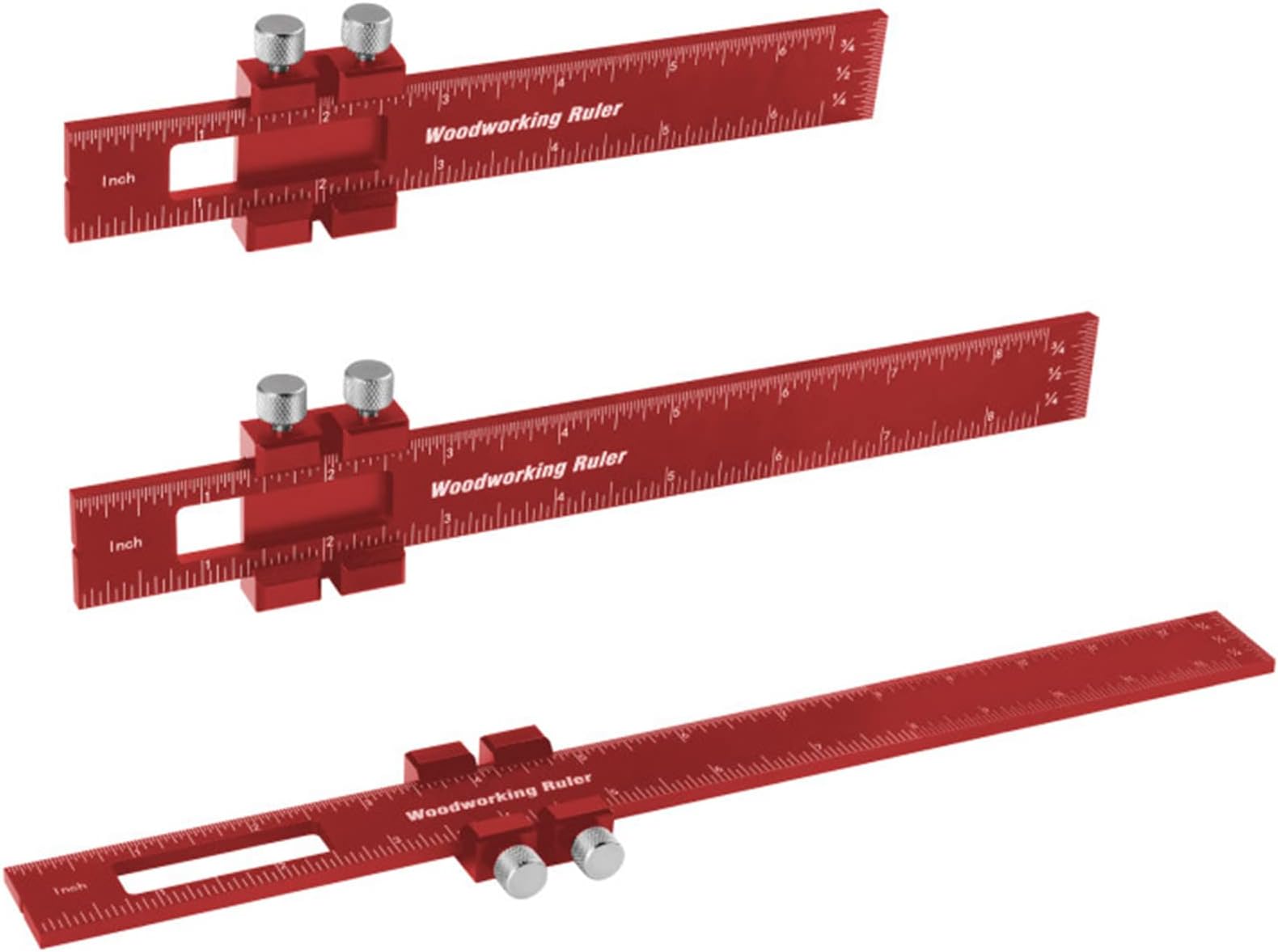 (Red) - Woodworking Ruler, Violetfox 3Pcs Precision Pocket Ruler Metal Slide Rule Inch and Metric T-Type Scribing Ruler Square Ruler T Track Ruler Marking Measuring Ruler(6/1.7cm )