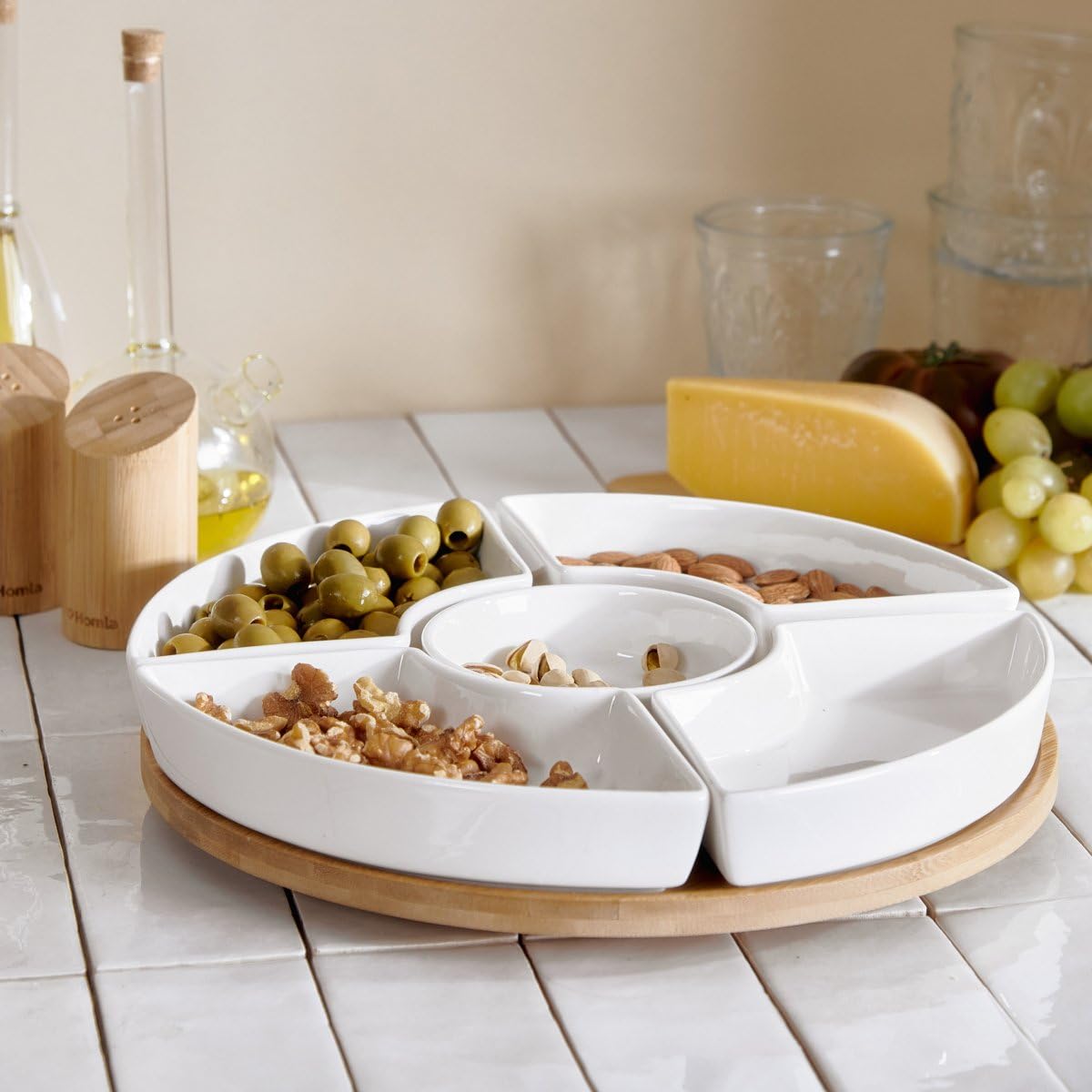 HOMLA Fincan Moderne Servierplatte Rund 6-teilig - Auffallendes Design Teller für Partys Feiern Snacks Häppchen - Porzellan und Bambusholz Ø 30 cm Weiß