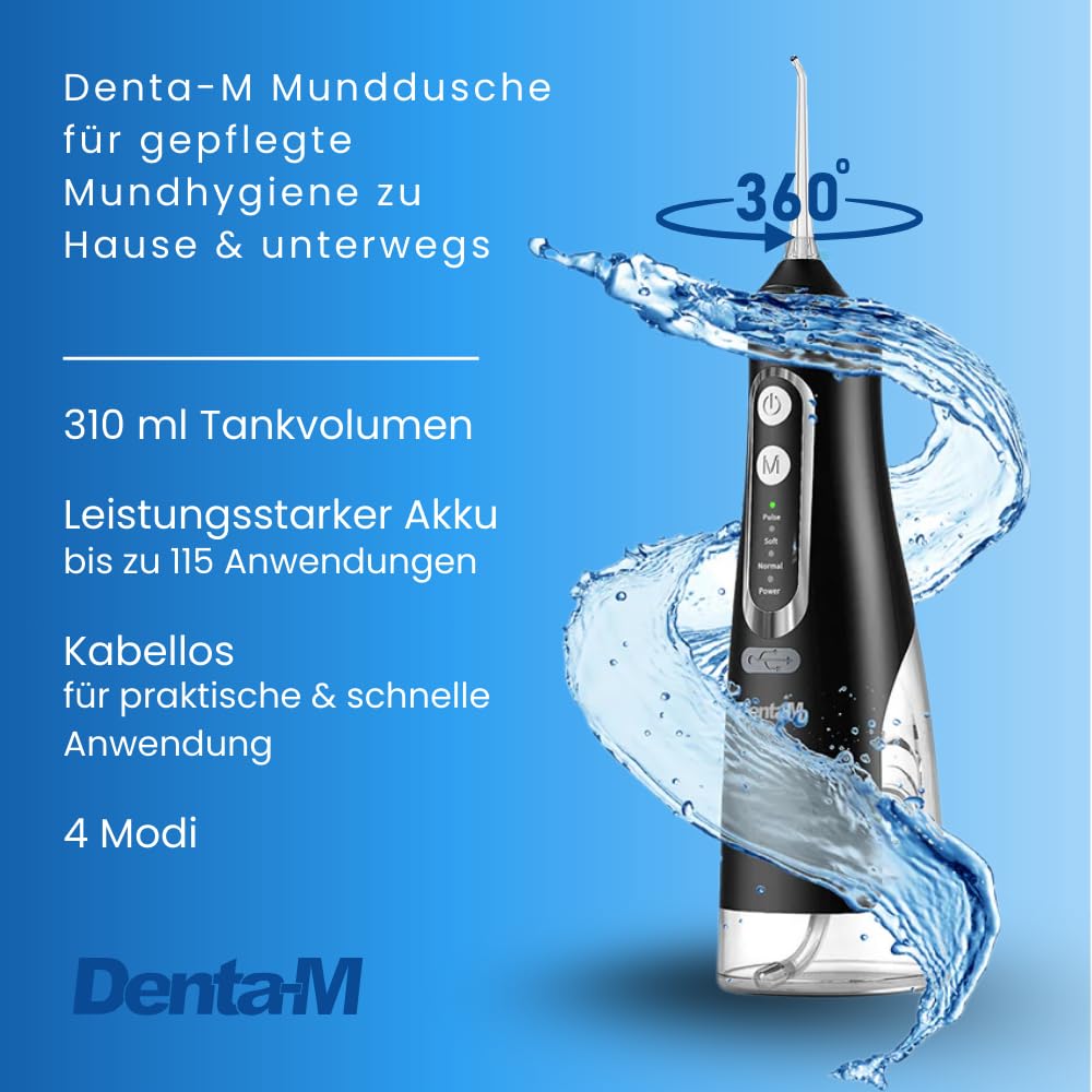 Irrigador dental DM14 – Irrigador de agua inalámbrico con 4 modos y 4 accesorios, irrigador dental para limpieza dental, IPX7 resistente al agua, 310 ml de volumen del depósito (Edition Black)