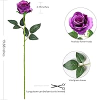 Vista 6 de Rosas artificiales moradas – 10 piezas de rosas artificiales artificiales de seda con tallos para decoración del hogar, boda, hotel, oficina, centro