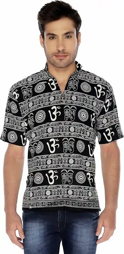 Image of THE MAKKI Trends - Om Printed Kurta for Men & Boys | Cotton Half Sleeve Mahadev Mahakal Kurta T-Shirt for Events, Festivals, and Religious Ceremonies (Regular)