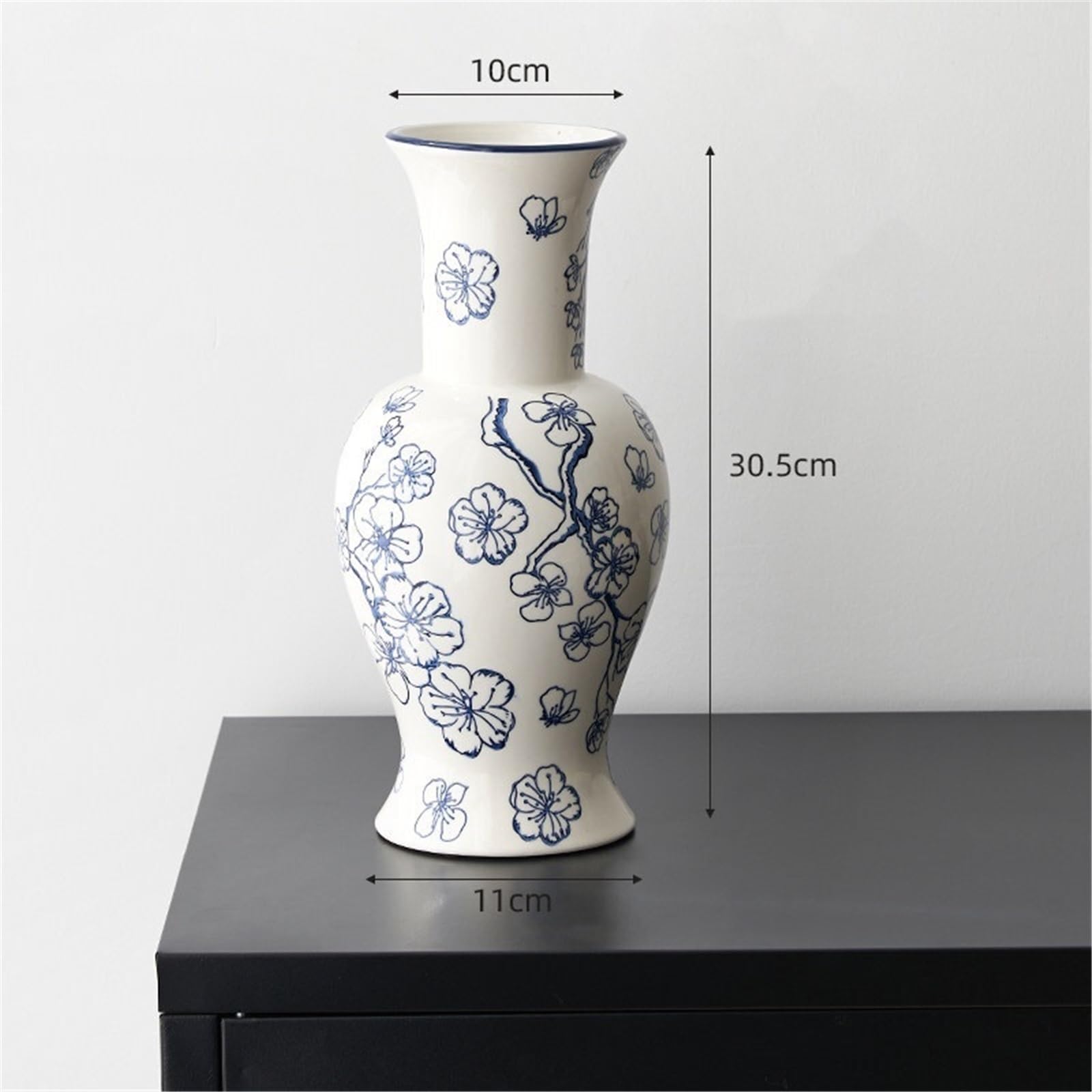 Ręcznie rysowany kwiatowy wazon ceramiczny o średnicy 30,5 cm Wystrój domu | Dekoracyjny akcent stołowy do szafki domowej