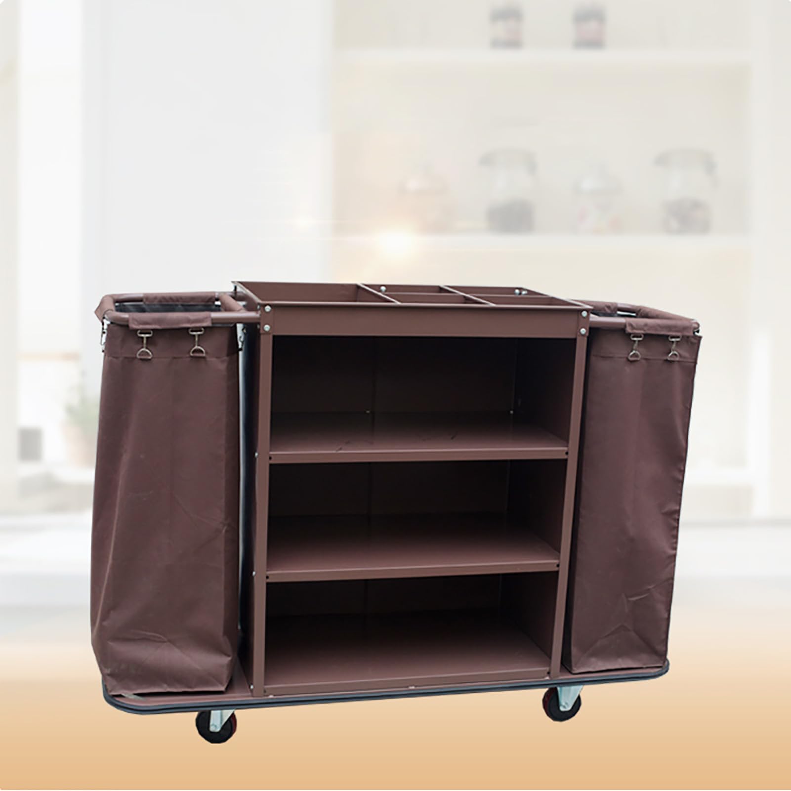 Carrello per Pulizie Commerciale Tradizionale a 3 Ripiani, carrelli per Pulizie su Ruote, carrelli per la Pulizia di Hotel e Negozi, Colore Marrone.