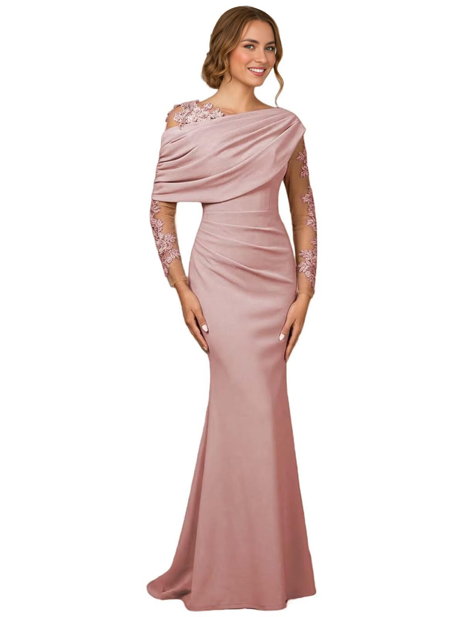 Meerjungfrau Satin Abendkleider Elegant für Hochzeit,Spitzen Brautmutterkleider mit Ärmeln Meerjungfrau Lang Festlich Kleider für Hochzeitsgäste