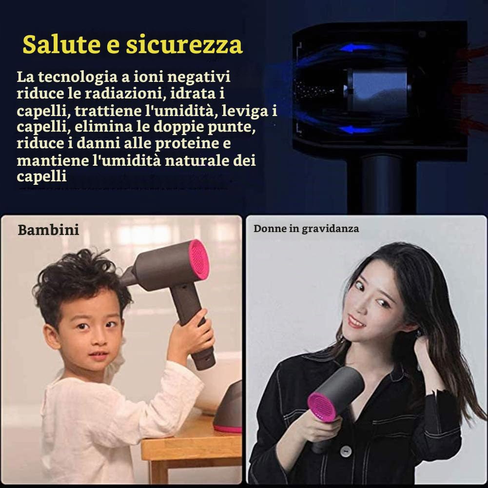Asciugacapelli Senza Fili Professionale Phon per Capelli Ionico Batteria Ricaricabile da 4900 mAh 3 velocità Regolabile con ugello di Raccolta e diffusore