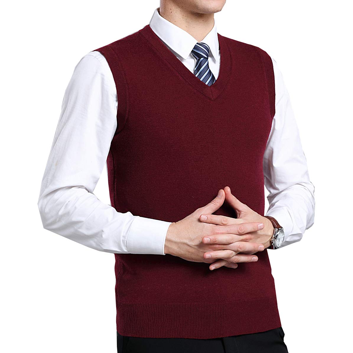 Hombres Lana Cómodo Color Sólido Sin Mangas De Punto Suéter Chaleco, Otoño Invierno Negocios Casual V-Cuello Suéter Sin Mangas