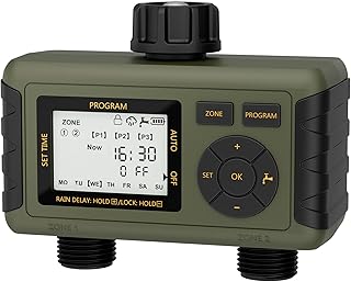 Water Timer 2 Zone, Diivoo Sprinkler Hose Timer with 6 Watering Programs, Timing, Frequency and Duration, Programmable Irrigation Timer and Rain Delay for Lawn, Garden, Pool Filling