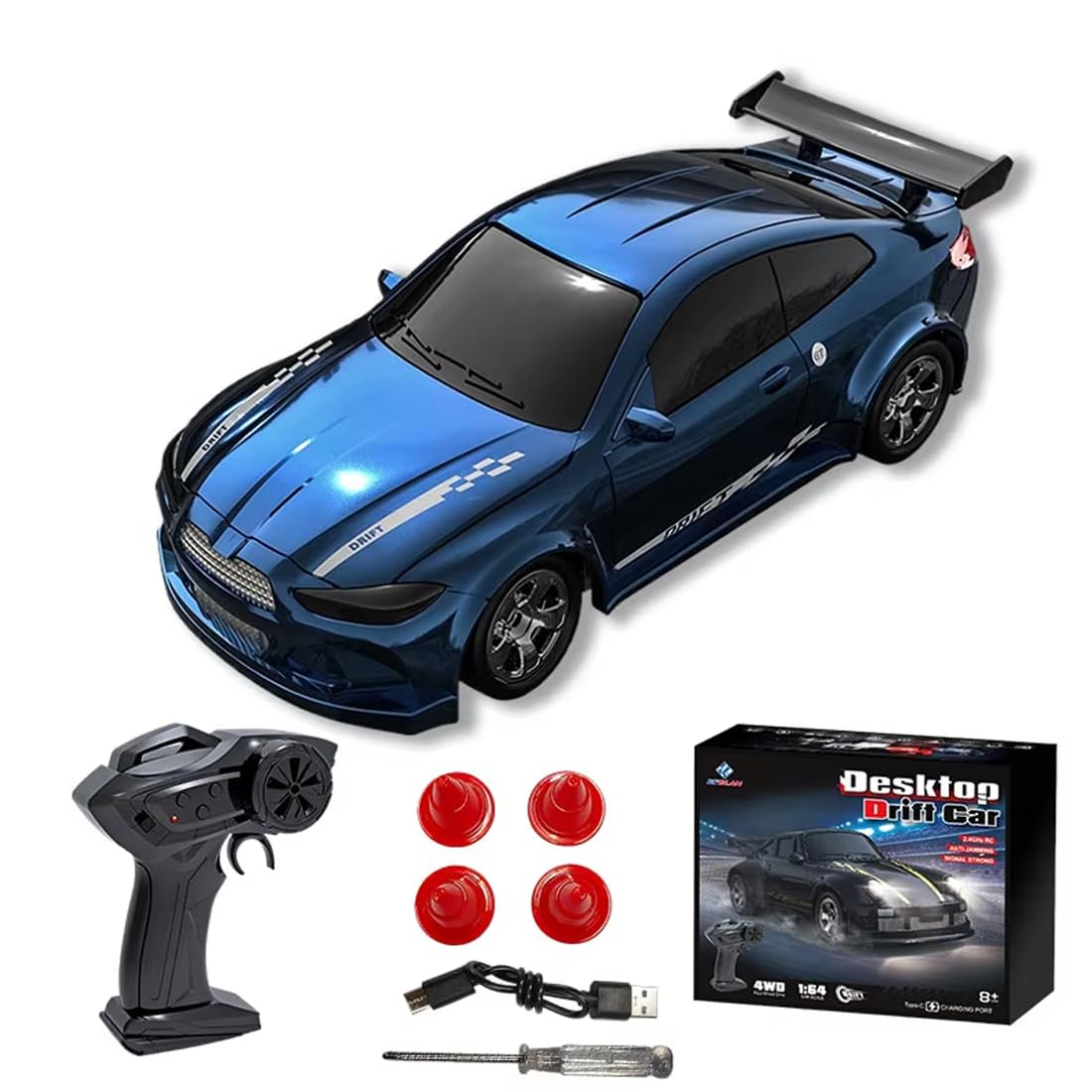 LenyKingPro 1/64 RC Drift Car, 2.4G 4WD Remote Control High Speed Mini Racing Car, Electric Racing RC Sports Car with Full Proportional Control - RTR Version (Blue)
