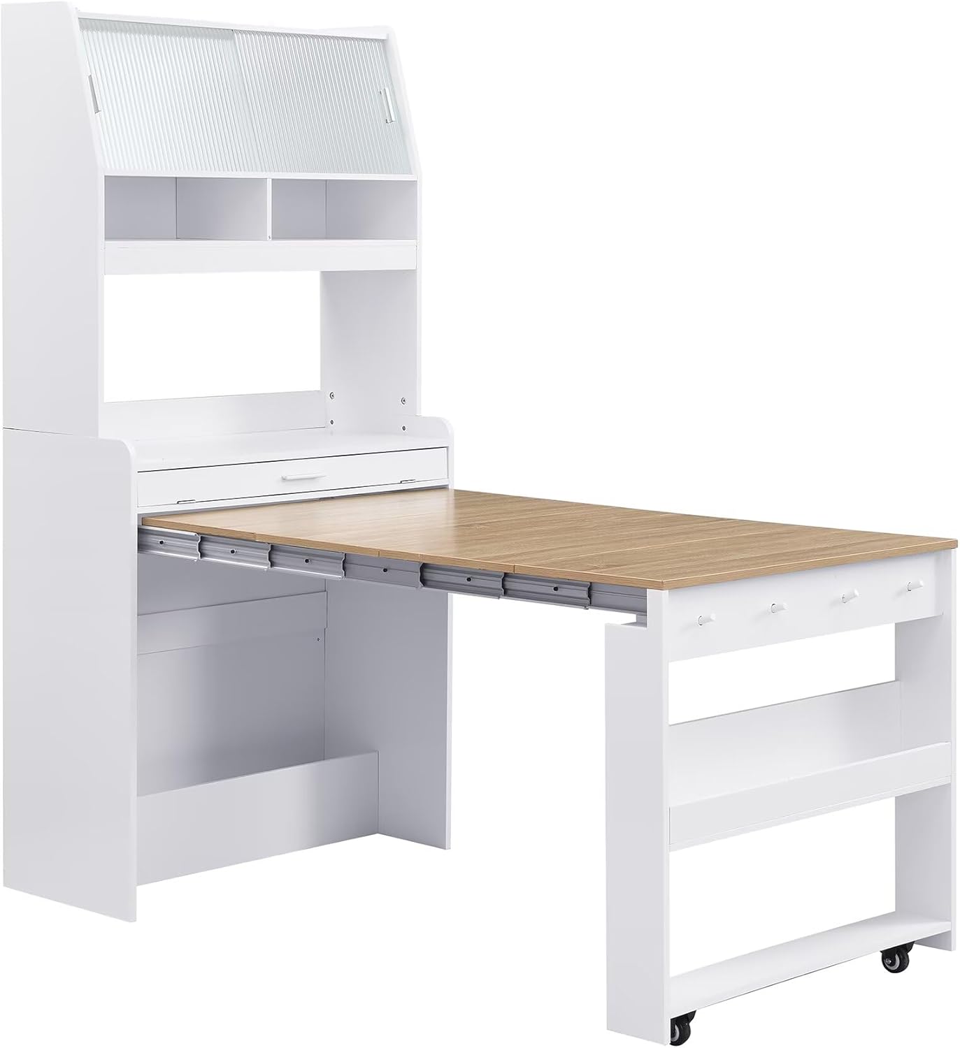 Compact 33.5x15.7x69inch Buffet with Hutch and Foldable Dining Table, Multifunctional Cupboard with Storage Shelf and Side Hooks for Small Places,Studio, Apartment, Natural