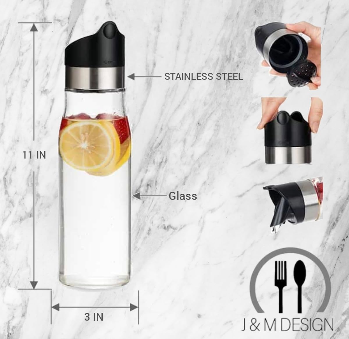 J&M DESIGN Paquete de 3 jarras de vidrio de 28 onzas con tapa, jarra de agua de acero inoxidable y tapa de plástico fácil de girar con colador extraíble, jugo, bebidas, té helado, café, leche, apto