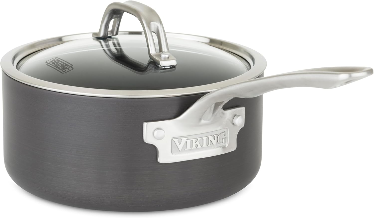 Viking Non Stick Sauce Pan with Glass Lid, 3 Quart Hard Anodized Nonstick Saucepan Cooking Pot, Dishwasher and Oven Safe, Induction Ready, Gray
