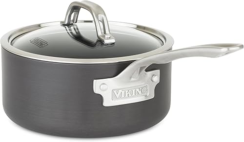 Viking Sartén antiadherente con tapa de vidrio, cacerola antiadherente anodizada dura de 3 cuartos de galón, apta para lavavajillas y horno, lista