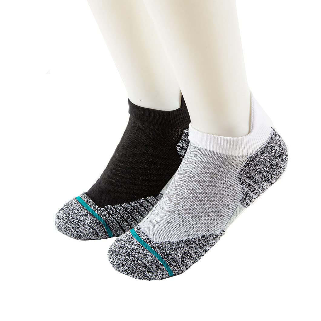 HouCheer, 2 Pairs Men's Ankle Running Athletic Socks, Combed Cotton Low Cut Cushion Padded Socks Feet Protection and Breathable Easy to Put On No Pilling (Large) Shoe Size 10-12, Black&grey, 11