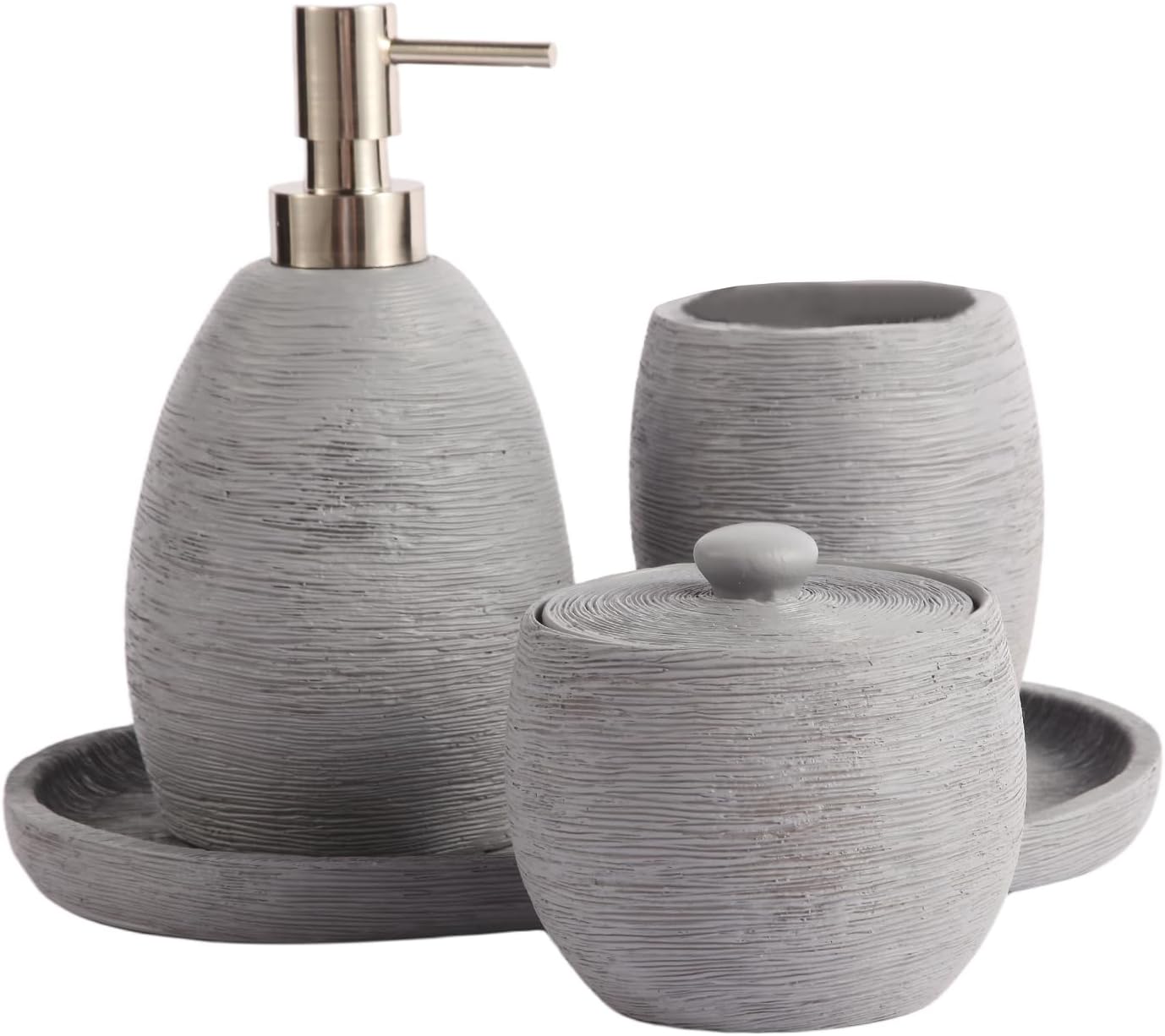 Modern Grey Line Bathroom Accessory Set 4 Pcs - Lotion Dispenser, Cotton Swab Jar,Tumbler and Vanity Tray, Luxury Unique Design Bathroom Set