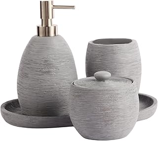 Modern Grey Line Bathroom Accessory Set 4 Pcs - Lotion Dispenser, Cotton...
