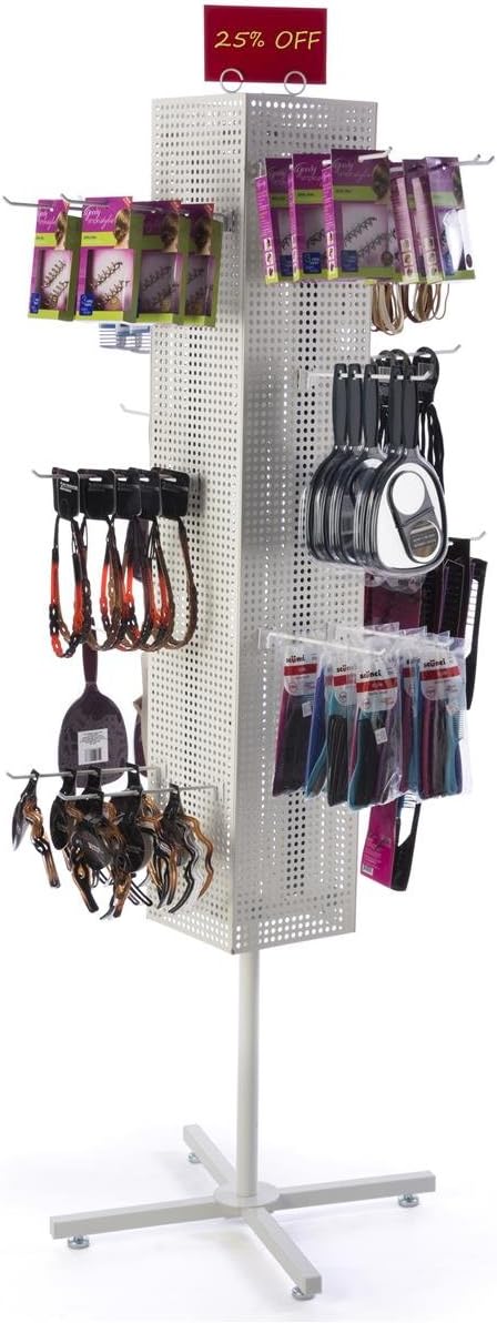 Displays2go Floor Pegboard Spinner Rack, Magnetic, 68" H (White Steel)