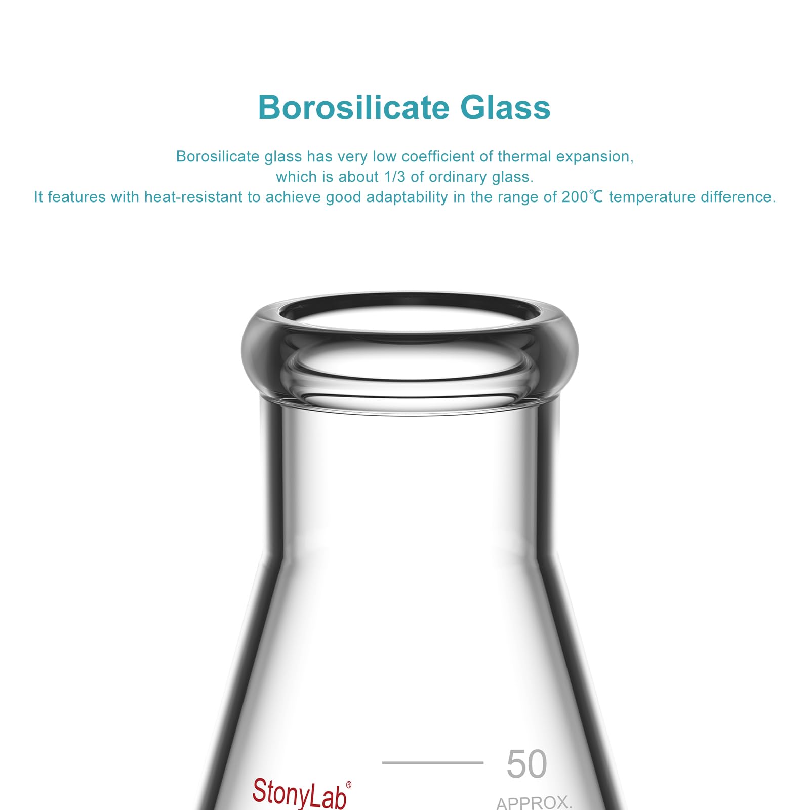 stonylab 1-Pack Glass 50 ml Heavy Wall Narrow Mouth Erlenmeyer Flasks with Heavy Duty Rim - (50ml Fits with StonyLab 4# Rubber Stopper) — Amazon image 3