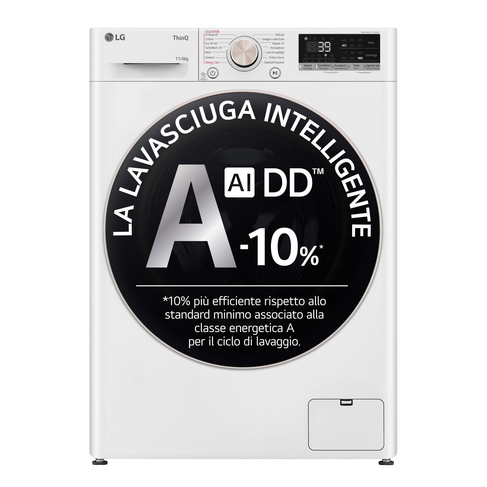 LG AI DD D4R7011TSWG Lavasciuga 11/​6kg, Serie R7, Classe A-​10%/​D, Lavatrice Asciugatrice, 1400 Giri, TurboWash 360, Vapore, Allergy Care, Eco Hybrid, Wi-​Fi, Bianca