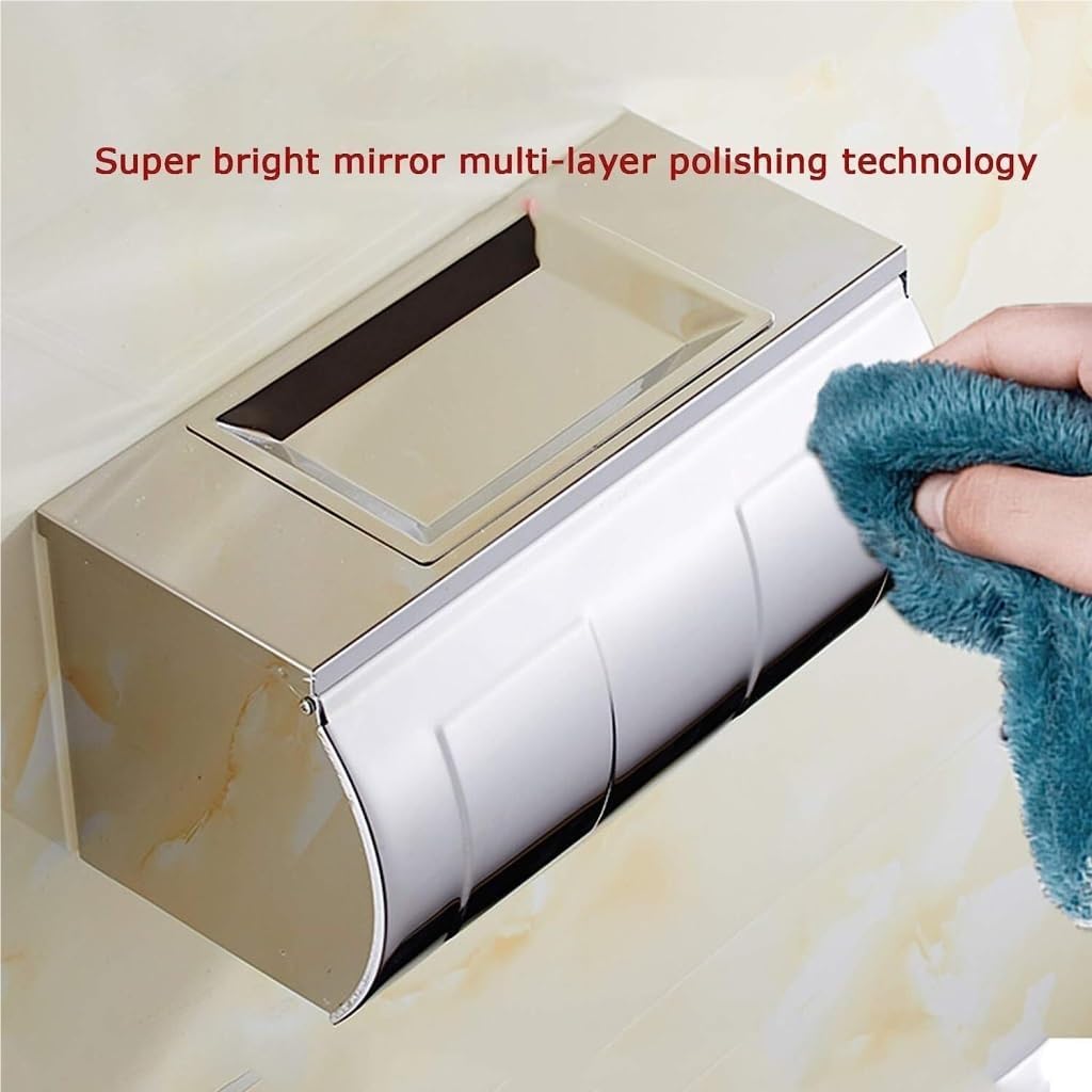 TOWINE Toilet Paper Holder Stainless Steel Wall-Mounted Tissue Box Kitchen Bathroom Shopping Mall Hotel Restaurant with Tray Roll Paper Box Toilet Paper Holder Wall Bathroom Accessories