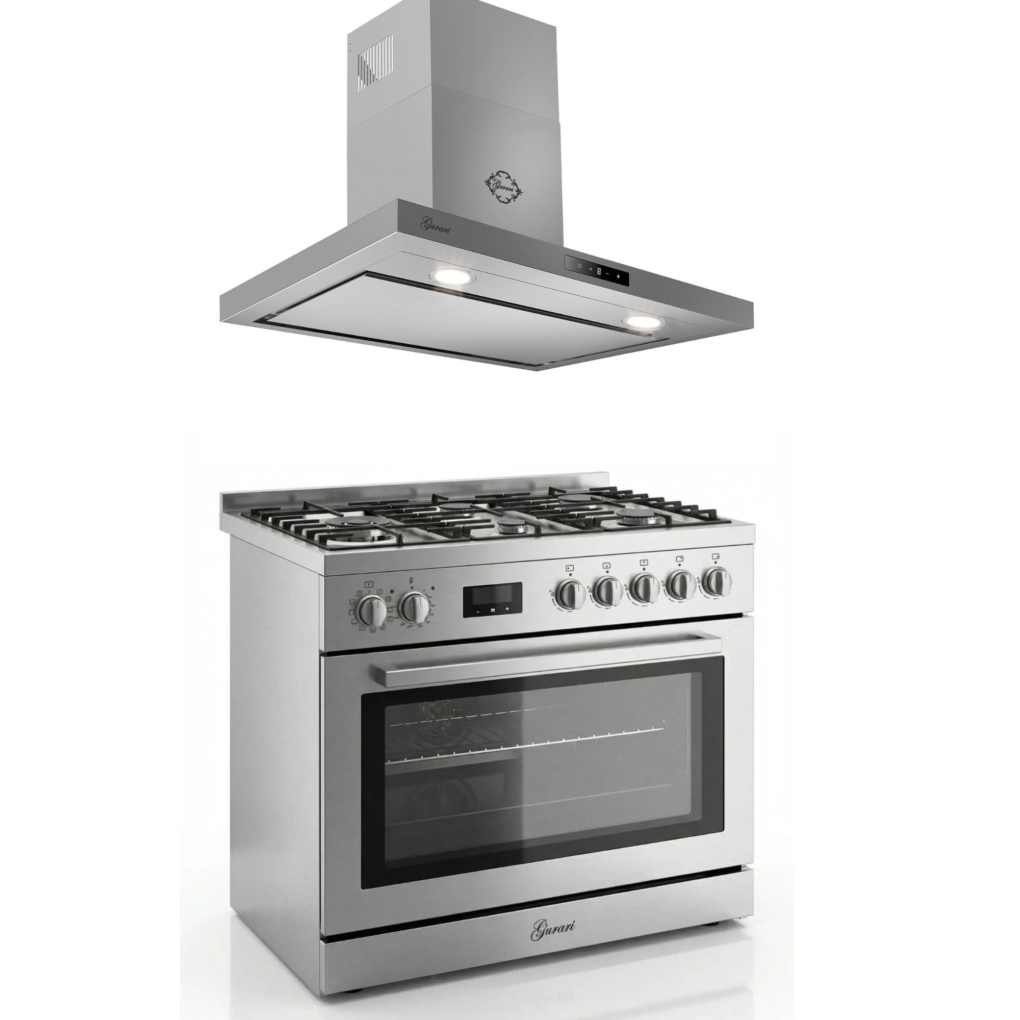 Gurari GCH E 818 X - Fornello elettrico a gas in acciaio inox, 90 cm, 126 l, gas naturale, 4 Kw WOK, autopulente + cappa aspirante 90 cm, CH 5001, 1000 m³/h